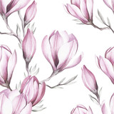 Seamless pattern with blooming magnolia twig. Watercolor illustration.