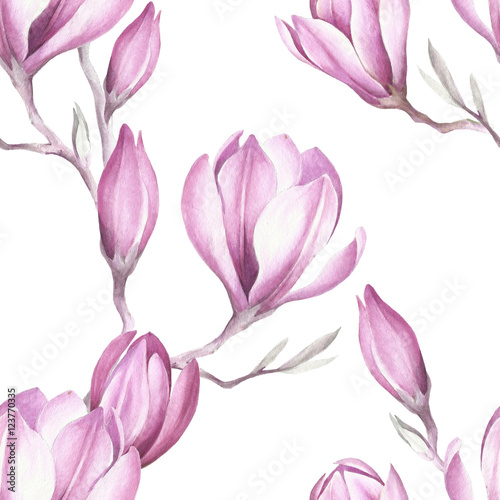 Seamless pattern with blooming magnolia twig. Watercolor illustration.