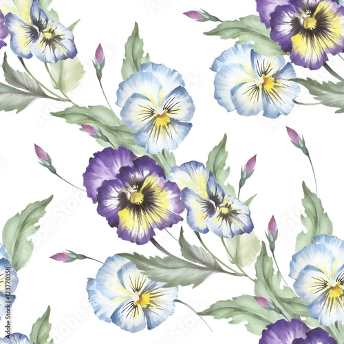 Seamless pattern with pansies. Hand draw watercolor illustration