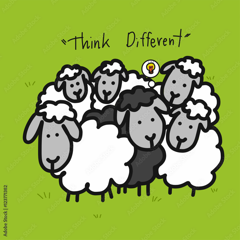 Obraz premium Black sheep in white sheep group on grass cartoon illustration