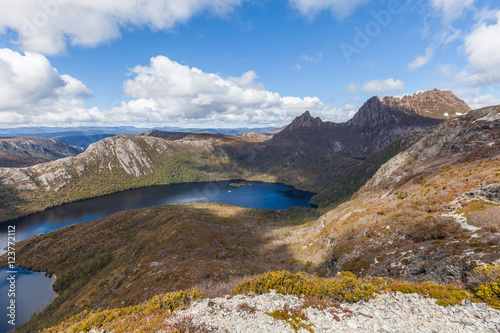 Dove lake and Cradle Moutain on bright sunny day. Cradle Mountain National Park  Tasmania  Australia
