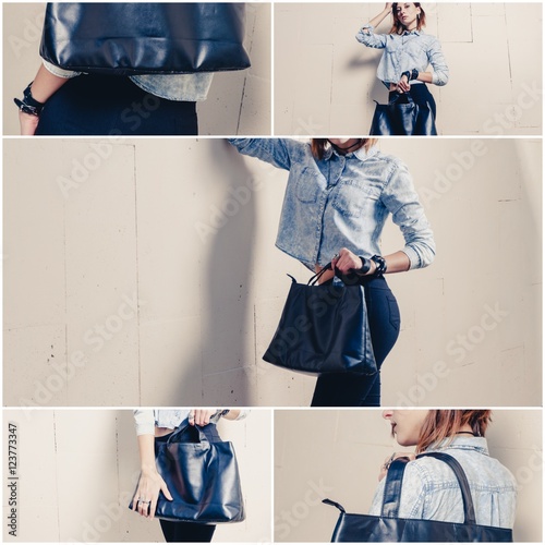 Yung fashionable lady with modern black leather handbag posing outdoors in front of building wall