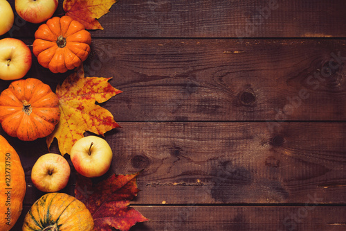 Thanksgiving background: Apples, pumpkins and fallen leaves on wooden background. Copy space for text. Halloween, Thanksgiving day or seasonal background. Design mock up. photo