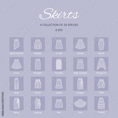 Types of fashion skirts. Collection of line icons. Vector illustration