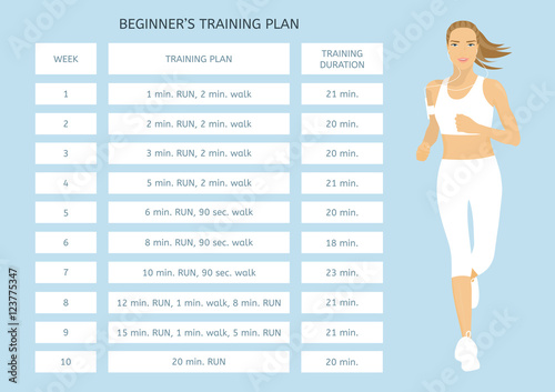 Training program for beginners. Jogging plan. Young woman running Stock  Vector