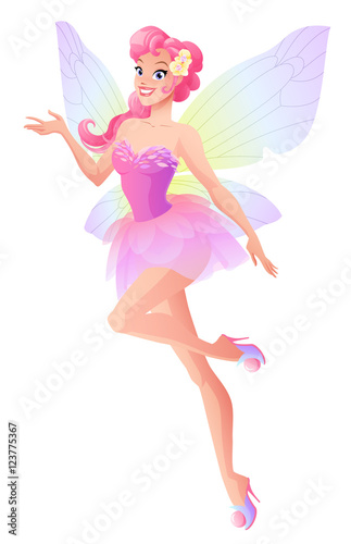 Flying and presenting fairy with wings in pink. Vector illustration.