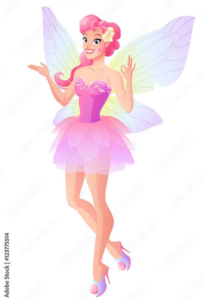 Pink fairy with butterfly wings showing ok sign. Vector illustration. Pink fairy with butterfly wings showing ok sign. Vector illustration.