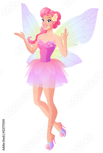 Pink fairy with butterfly wings showing ok sign. Vector illustration.