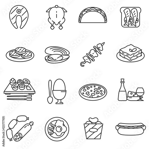 Food, line icons set. Various dishes, symbols collection. Home and restaurant food products, vector linear illustration