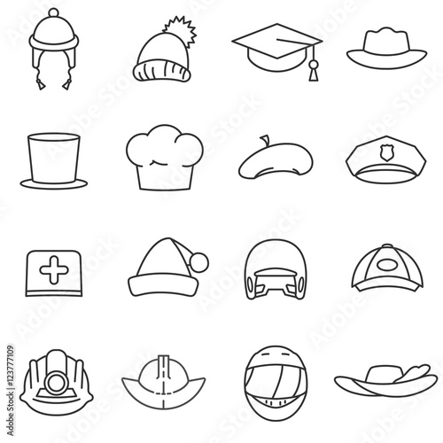 Headdress, line icons set. hats of different professions, symbols collection. Headgear, vector linear illustration