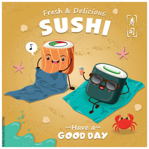 Vintage Sushi poster design with sushi character. Chinese word means sushi.