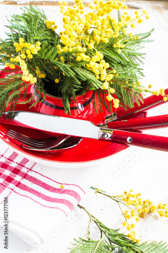 Spring festive dining table setting with yellow mimosa flowers