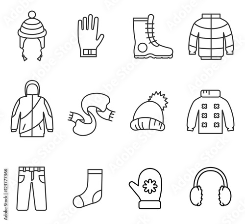 Winter clothes, line icons set. Warm clothes collection, vector linear illustration