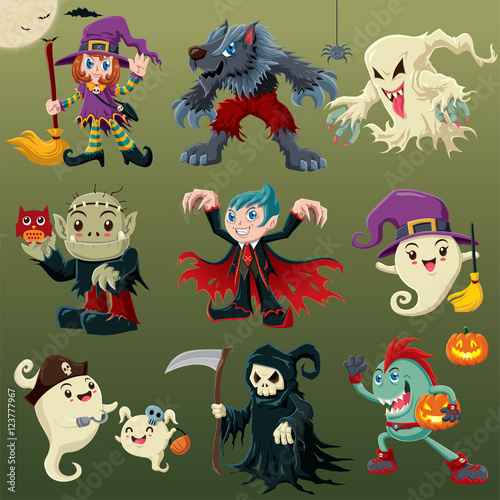 Vintage Halloween poster design with vector ghost, vampire, pirate, witch, wolfman, reaper, devil character.