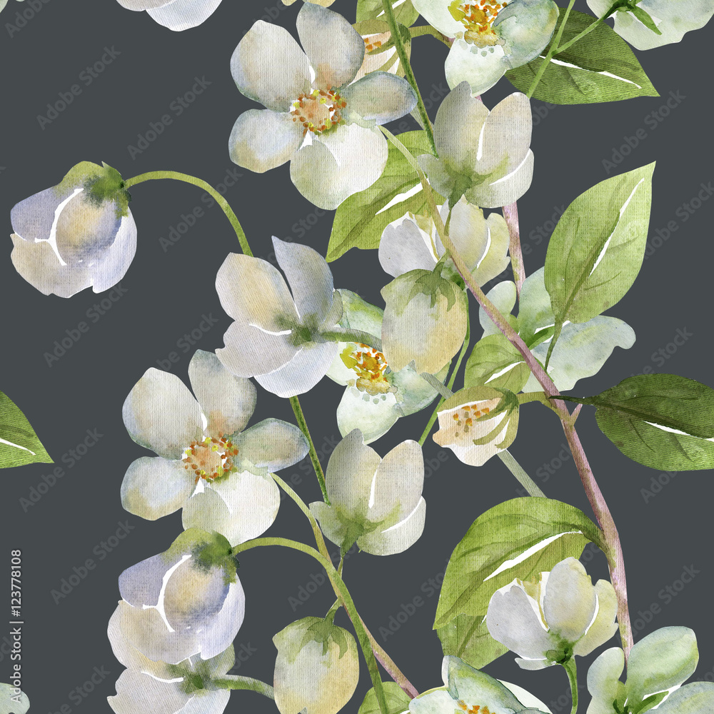 Fototapeta premium Seamless watercolor flowers of rosemary on a colored background 