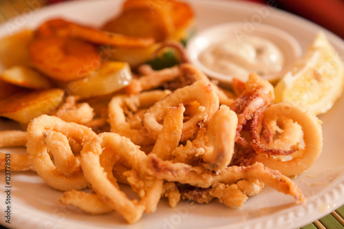 Portion of fried squid (or calamari). Greek style.