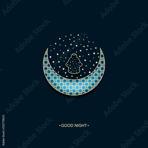 vector neon blue dark  background with arabic decorated moon and stars and words good night
