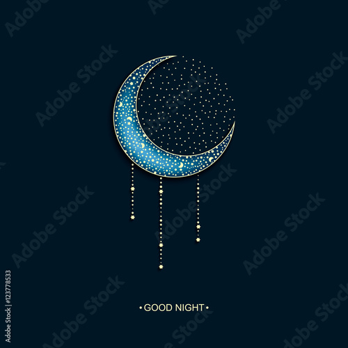 vector neon blue dark  background with arabic decorated moon and stars and words good night