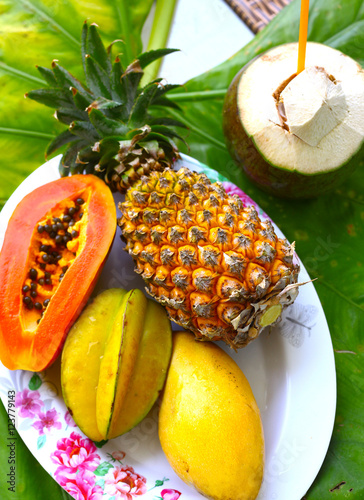 pine apple papaya corambola mango and coconut photo