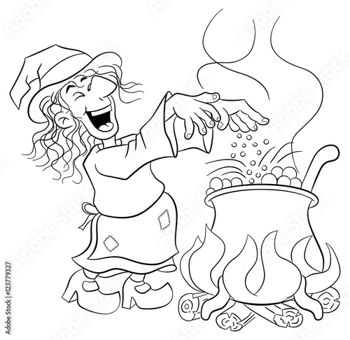 witch cooking a magic potion in the cauldron