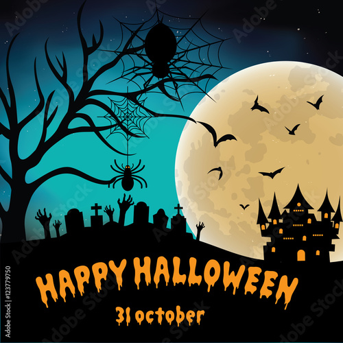 Halloween pumpkins and dark castle on blue Moon background, illu