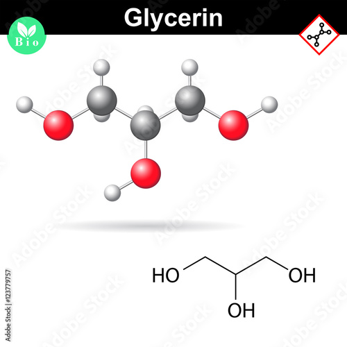Glycerol chemical formula and 3d model