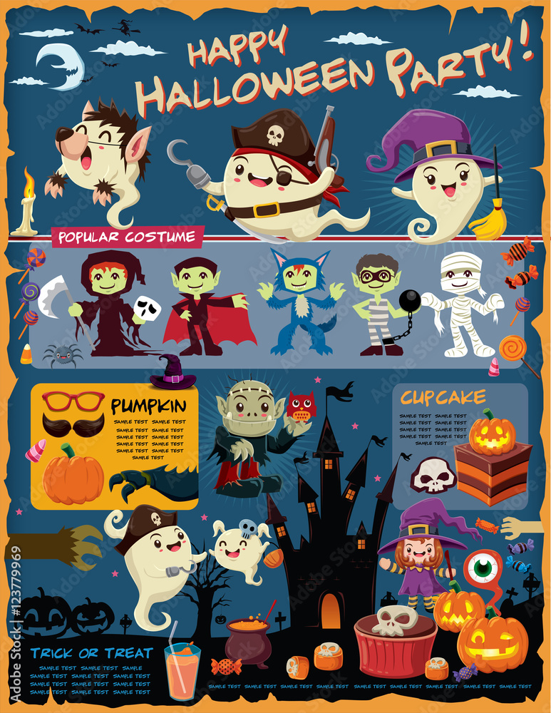 Fototapeta premium Vintage Halloween poster design with vector ghost, vampire, witch, wolfman, mummy, devil character.