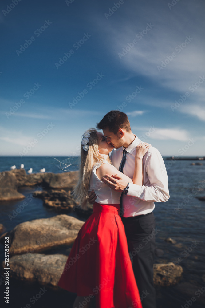 Charming bride, elegant groom on landscapes of mountains and sea Gorgeous wedding couple