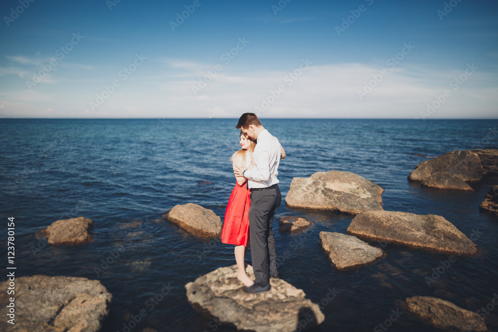 Charming bride, elegant groom on landscapes of mountains and sea Gorgeous wedding couple