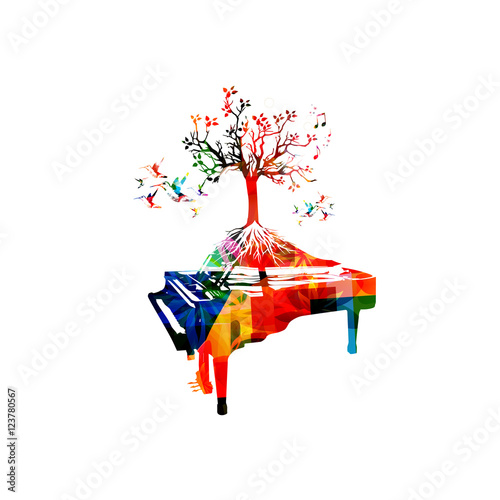 Creative music style template vector illustration, colorful piano, tree inspired instrument background with music notes. Poster, brochure, banner, flyer, concert, music festival, music shop design