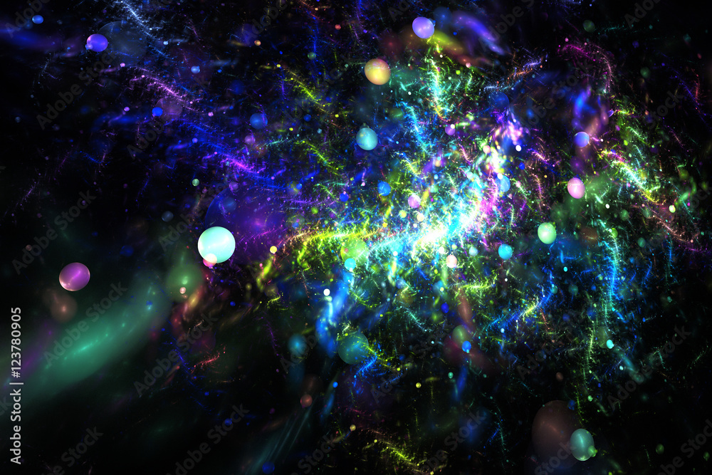 Bright galaxy. Abstract colorful green, blue and purple drops and swirls on black background. Fantasy fractal texture for postcards or t-shirts.