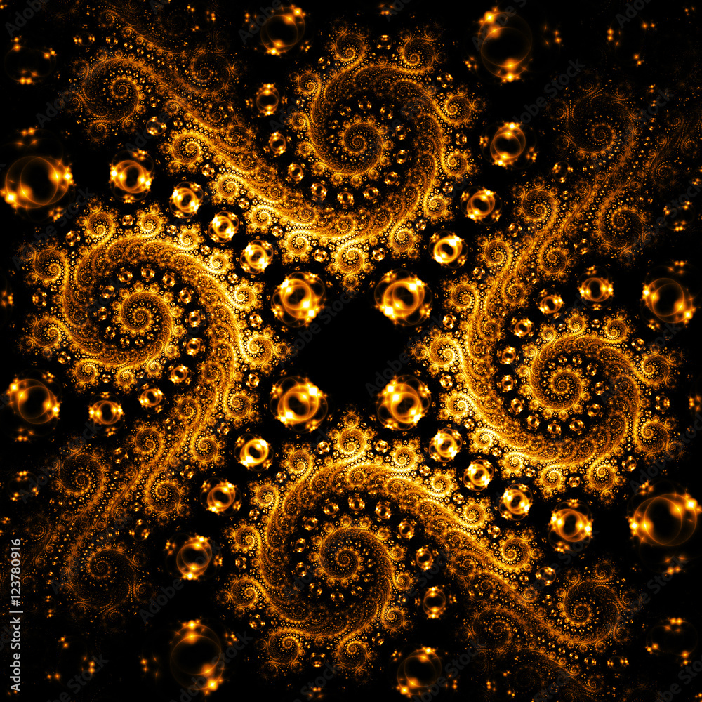 Abstract fantasy golden swirly ornament on black background. Cre Abstract fantasy golden swirly ornament on black background. Cre