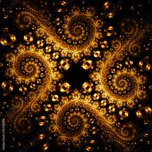 Abstract fantasy golden swirly ornament on black background. Cre