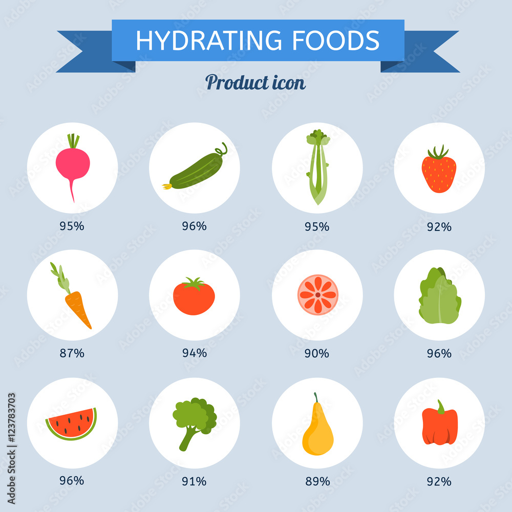 Hydrating food set. Vegetables and fruits contain a lot of water Stock ...