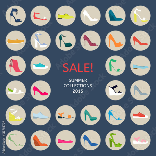 Shoes for all occasions: shoes, sandals, sneakers, boots. Vector flat colorful  icon set