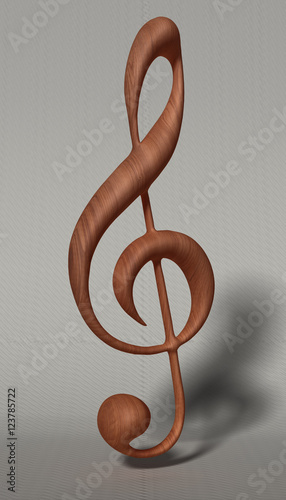 3D Illustration. Wooden treble clef on white material background photo