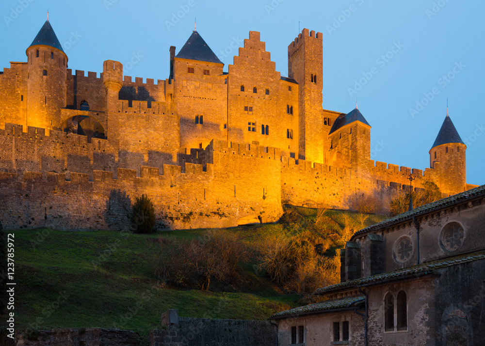 Medieval Castle in sunset time.  Carcassonne