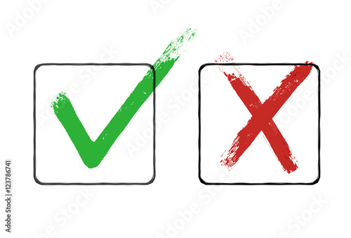 Grunge checkmarks in checkbox. Red and green. Vector clipart