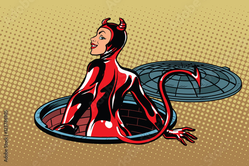 Red devil girl succubus emerges from hell