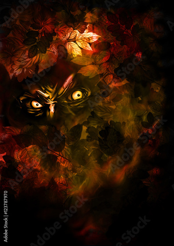 Autumn horror background. Illustration evil creature looking from the autumn leaves