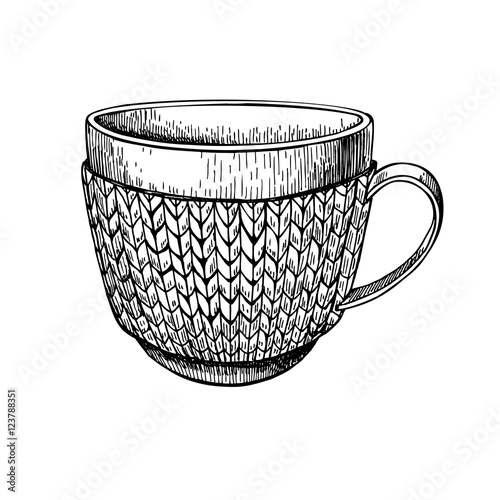 Cup in knitted cozy sweater. Hand drawn vector illustration. 