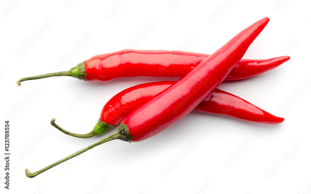 Red chili pepper isolated on white, from above