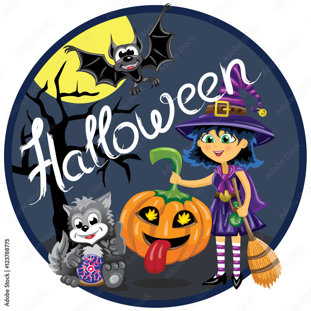 Halloween scene. Witch with broom holds funny pumpkin. Cat with magic sphere. Bat is flying in front of moon. Halloween scene. Witch with broom holds funny pumpkin. Cat with magic sphere. Bat is flying in front of moon.