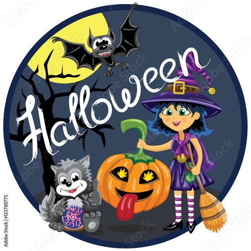 Halloween scene. Witch with broom holds funny pumpkin. Cat with magic sphere. Bat is flying in front of moon.