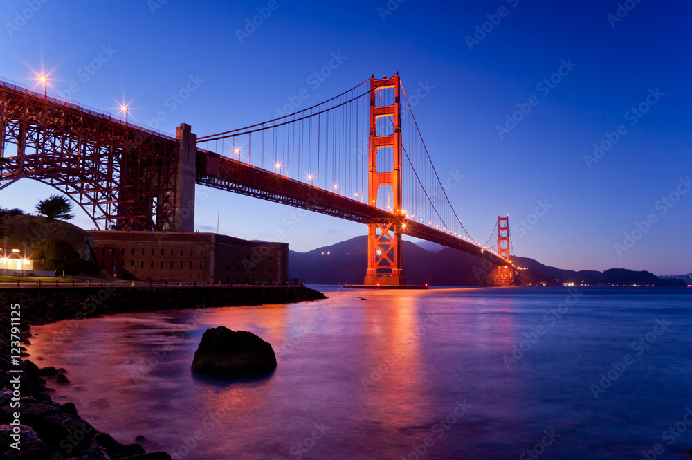 Twilight Golden gate bridge in elevation angle from bay in San Francisco California USA Twilight Golden gate bridge in elevation angle from bay in San Francisco California USA