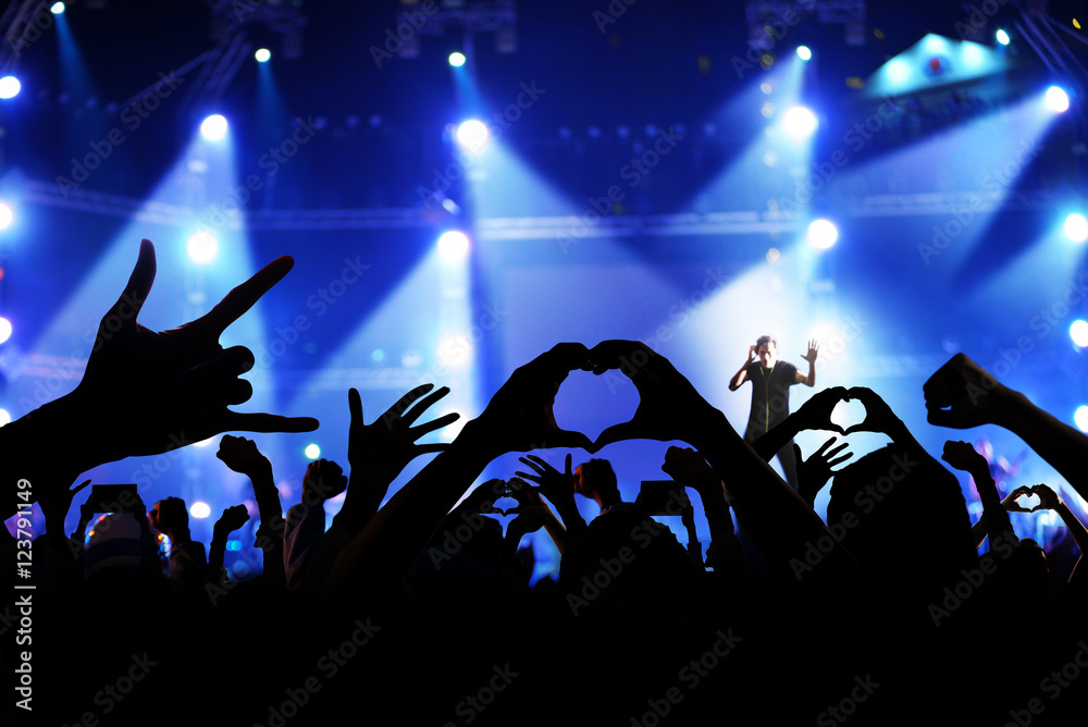 Silhouette of a crowd of cheering fans during a live concert, li Stock ...