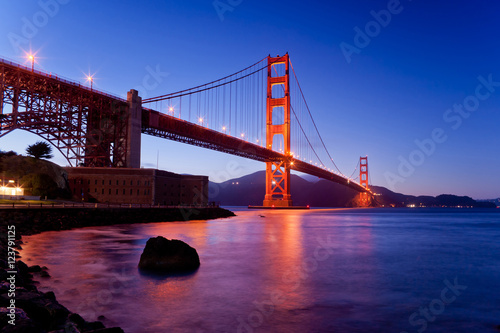 Twilight Golden gate bridge in elevation angle from bay in San Francisco California USA
