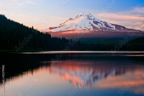 Mount Hood scene with reflection on Trillium lake in Oregon USA photo