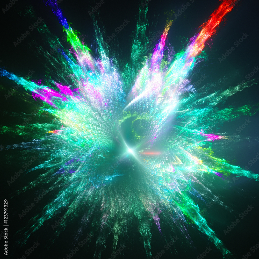 Fototapeta premium Explosion paint drops. Shining supernova. 3D surreal illustration. Sacred geometry. Mysterious psychedelic relaxation pattern. Fractal abstract texture. Digital artwork graphic astrology magic