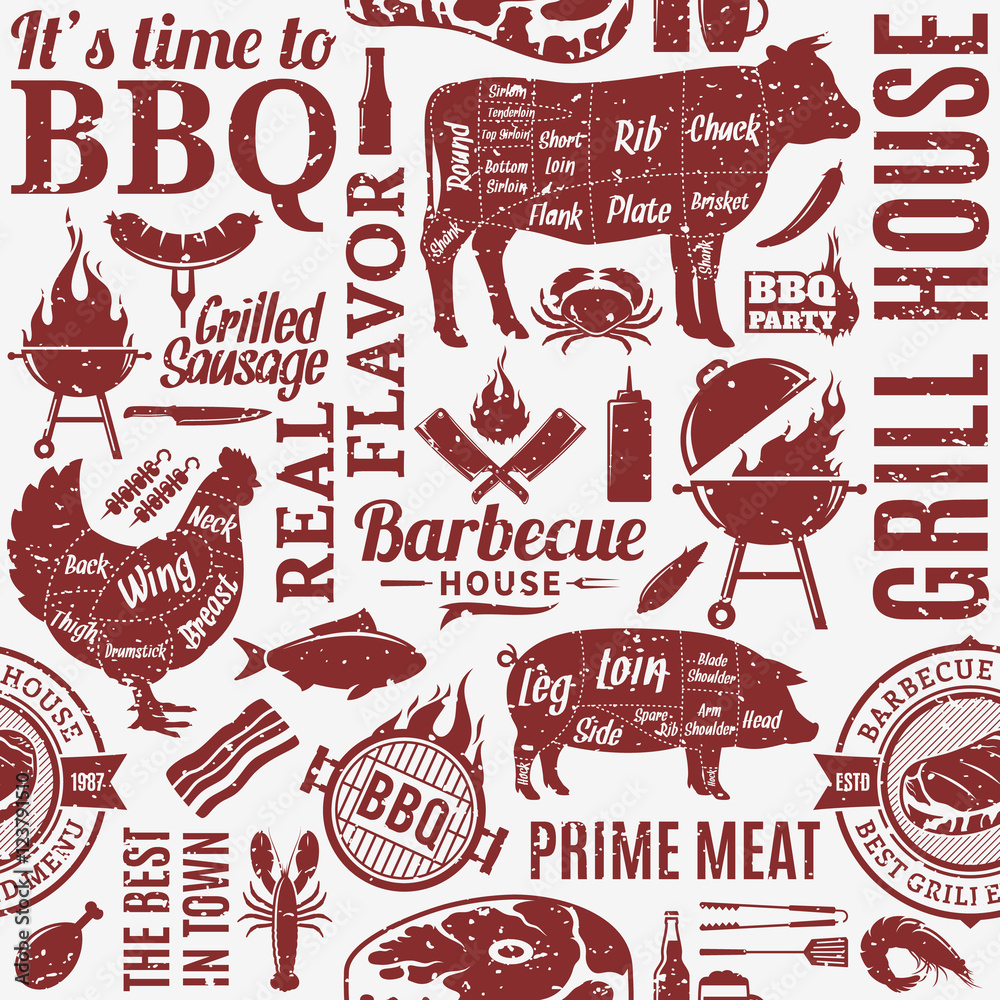 Retro styled typographic vector barbecue seamless pattern